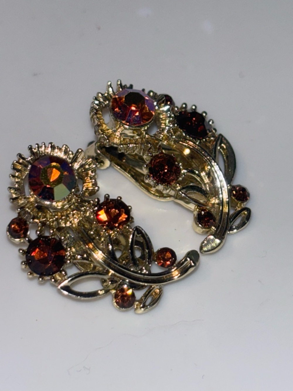 Lisner Gold-Tone Floral Clip-On Earrings with Amber Rhinestones